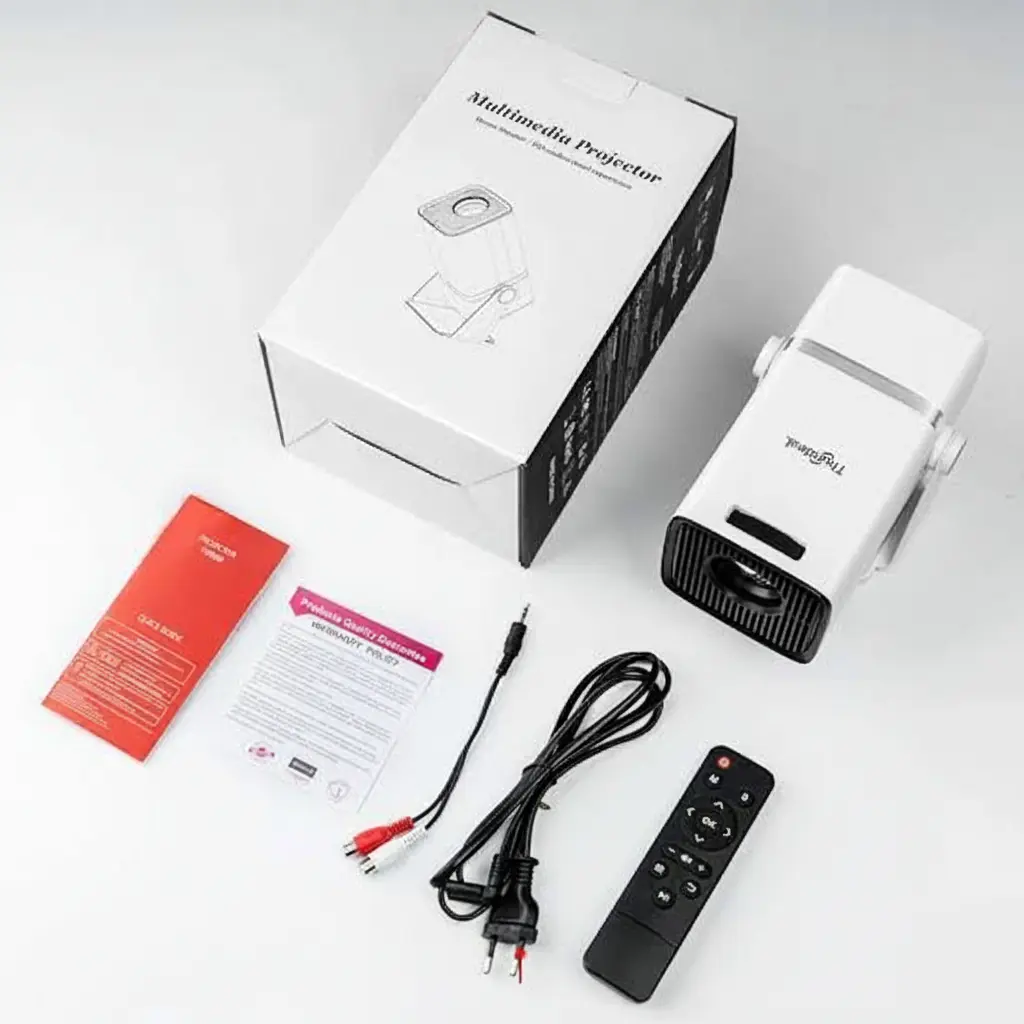 Multimedia projector with packaging, remote control, cable, and user manual on a white background